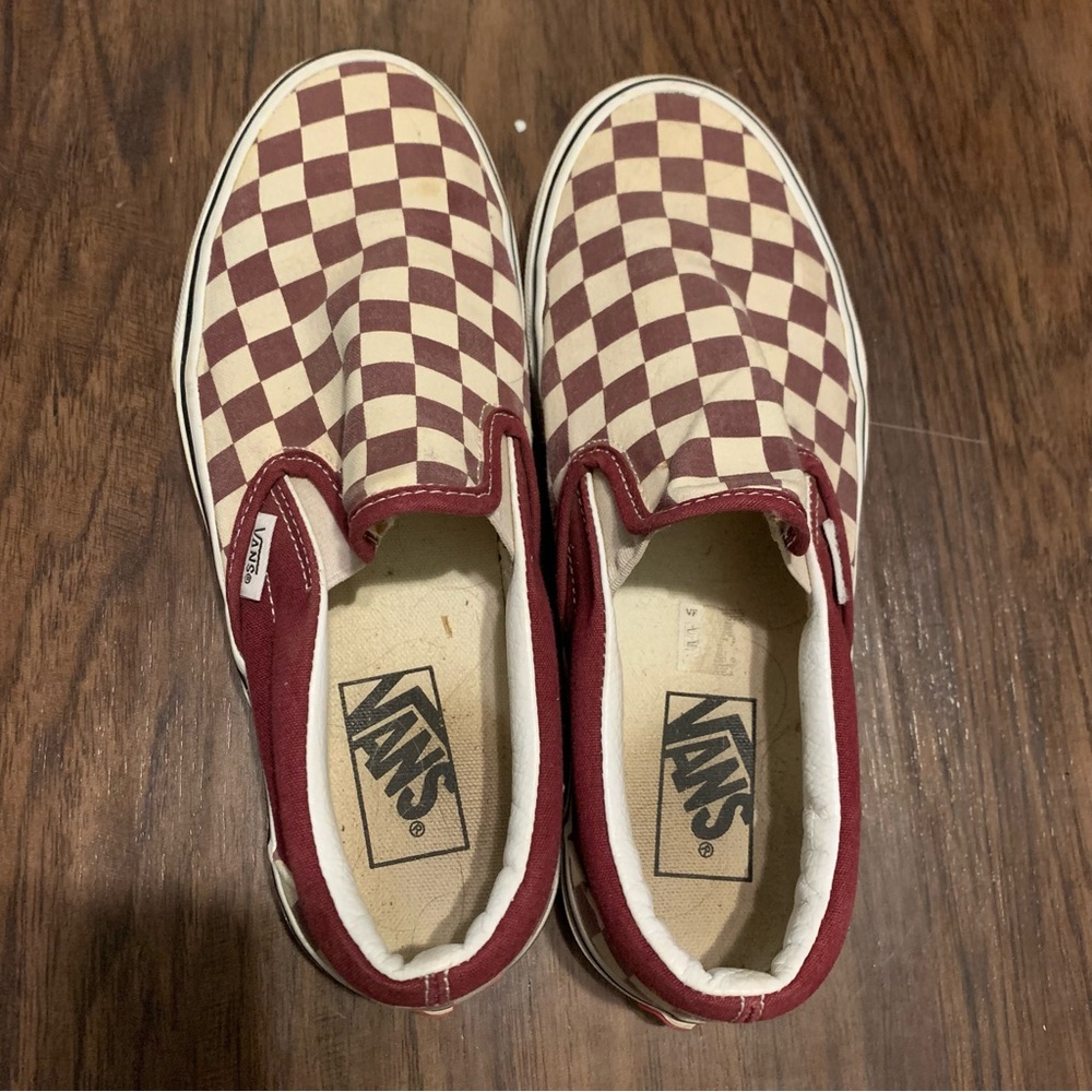 Maroon and white checkerboard used Vans Slip ons womens 8 men’s 6.5